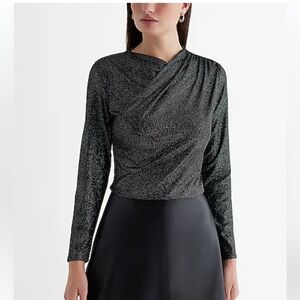 Express Black silver Shine Draped Front Long Sleeve Top NEW size medium